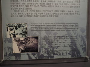O日本軍は官軍とともに東学農民革命に参加した農民たちを全国で虐殺した。日本軍の農民軍に対する討伐は農民たちが二度と起きることができないようにするところに目的があったので、農民軍に対して残酷に虐殺した。